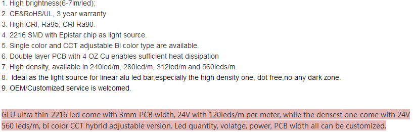 12V/24V  3000K Ra95 2216 Flex Led Ribbon 